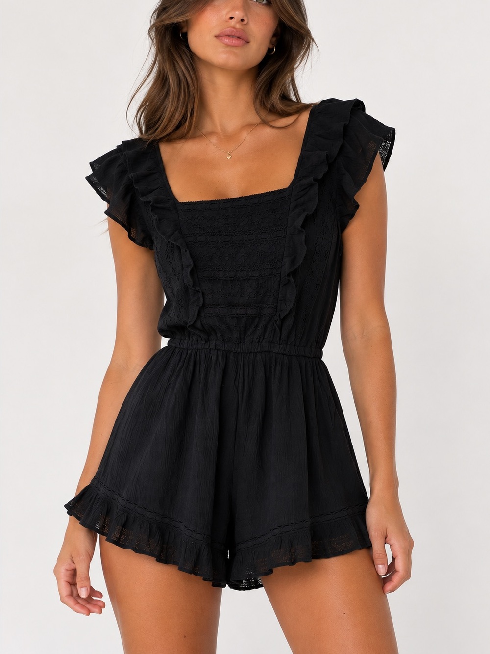 American Eagle Black Lace Ruffle Romper Dress Flowy Boho Cottagecore Babydoll